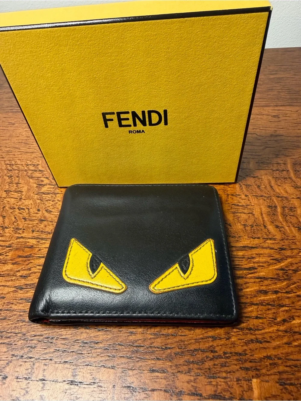 Fendi Bag Bugs Monster Eyes Black Leather Bifold Wallet with Box and COA